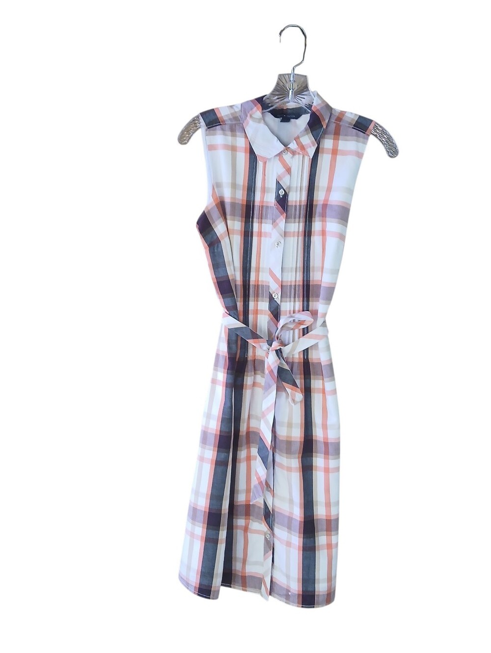 Tommy Hilfiger Orange Plaid Sleeveless Belted Midi Shirt Dress Medium